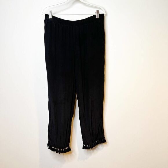 Club Monaco Silk Pants Womens 8 Tassel Elastic Waist Wide Leg Cropped Pull on - Picture 1 of 7